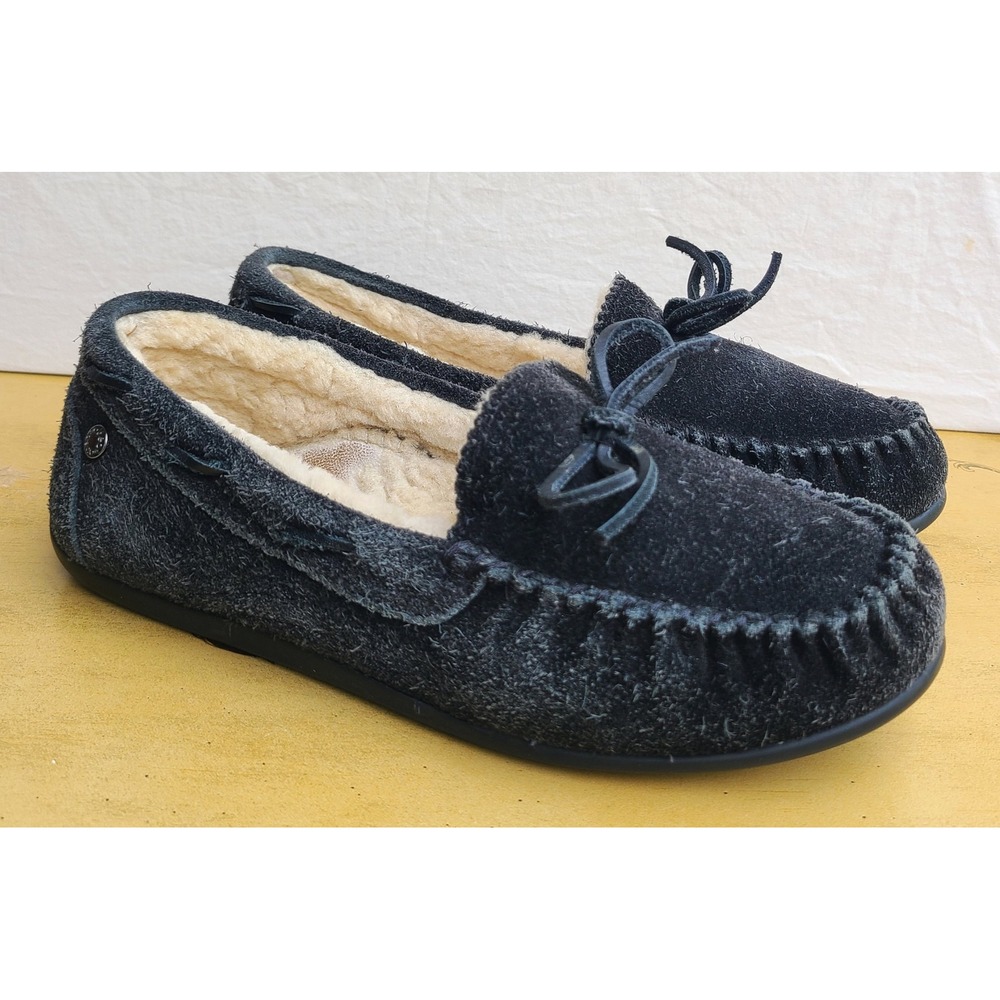 Abeo US 8 Black Suede Shearling Lined Moccasin Slippers Boho Comfort Casual